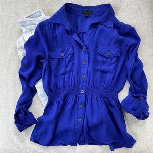 Royal Blue Cinched Waist Button Down Blouse
